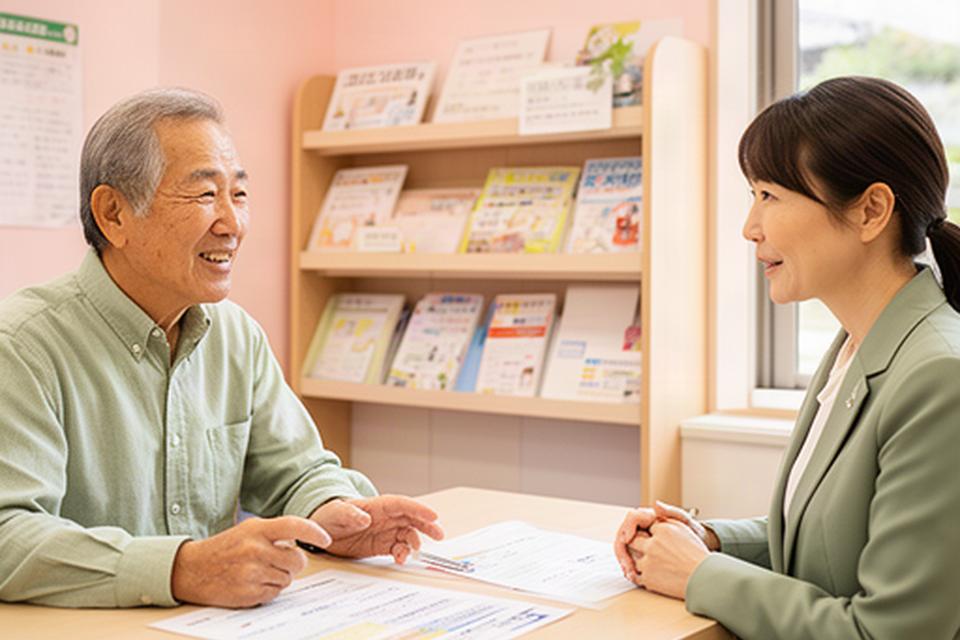 府中市のシニア情報センターで就労と年金について相談する60代男性と相談員